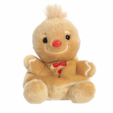 Brown gingerbread plush with red buttons, stitched smile, and brown frosting hair